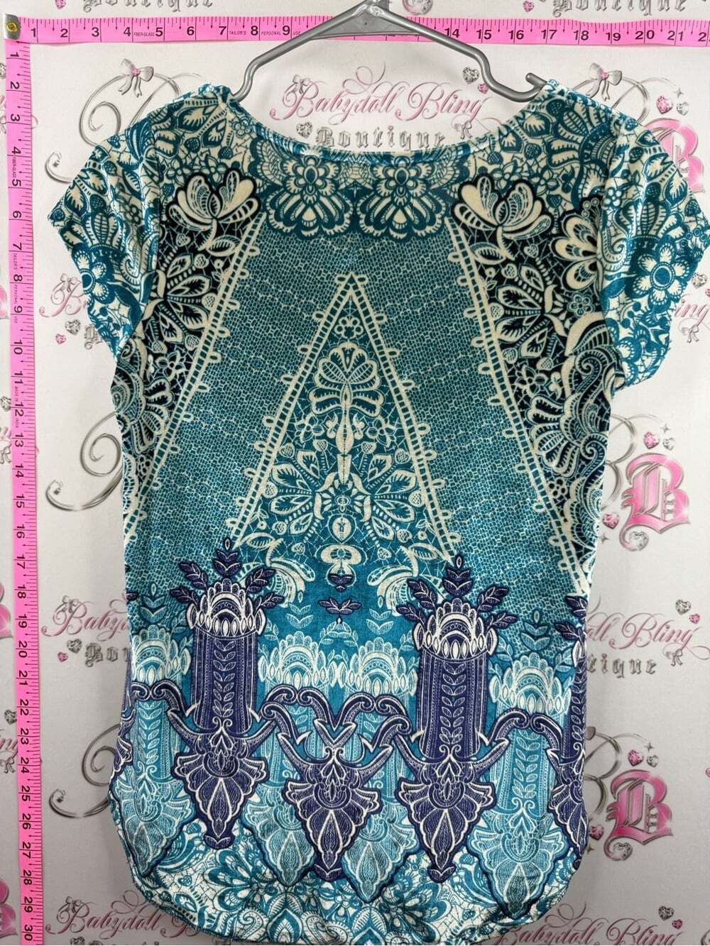 Lucky Brand HOLLY flock Teal and Navy Short Sleeve Printed Scoop Neck Top - Picture 2 of 12